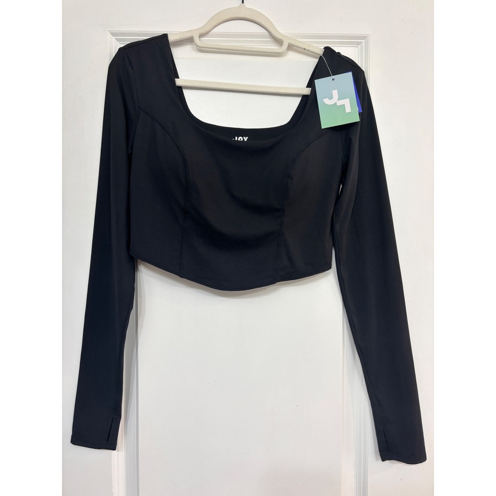 JoyLab Womens Long Sleeve Square Neck Crop Top with Shelf Bra Black Medium